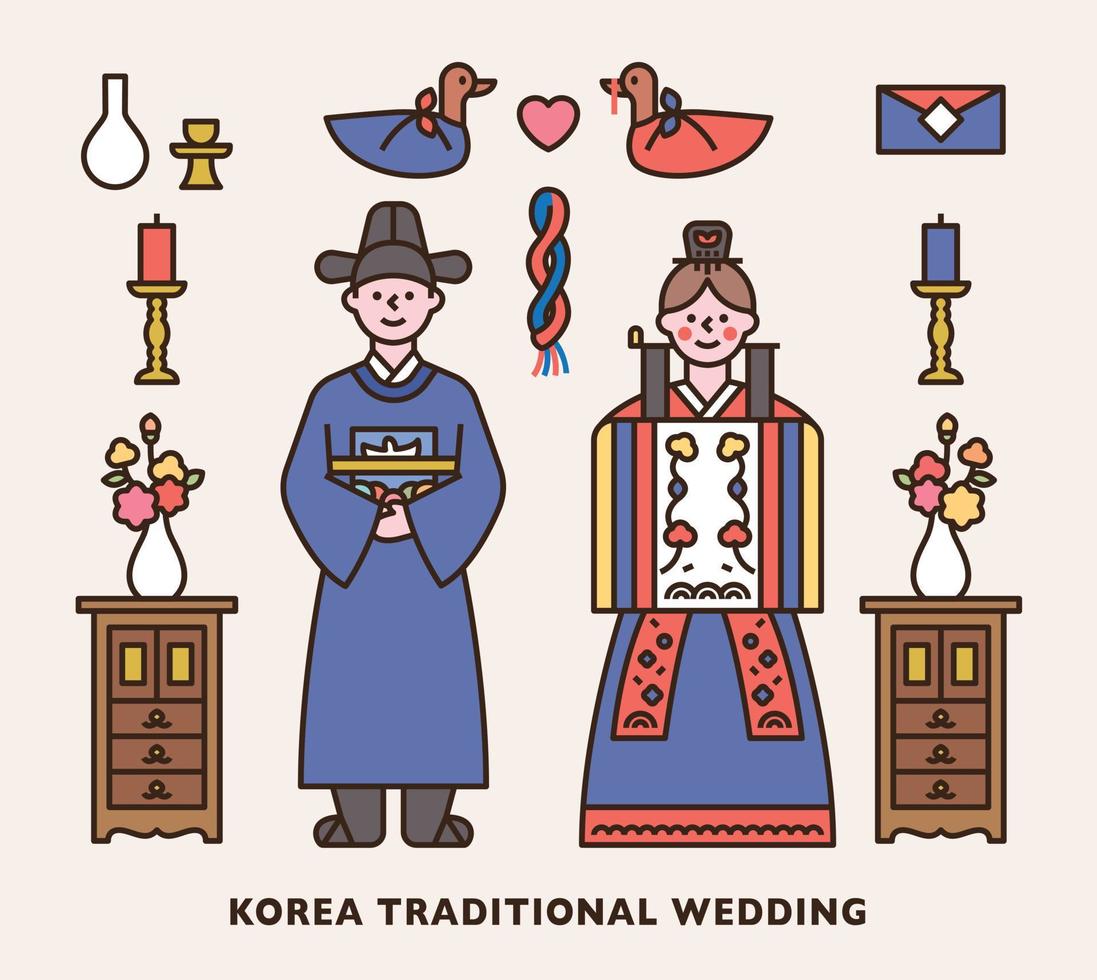 Koreaanse traditionele bruiloft. bruidegom en bruid karakters in Koreaanse traditionele trouwkleding. traditionele bruiloftsartikelen. vector