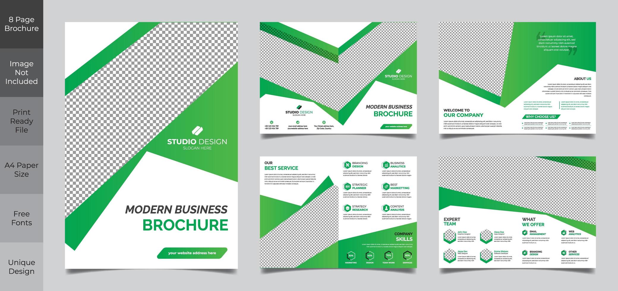 8 pagina groen en wit zakelijke brochure sjabloon vector