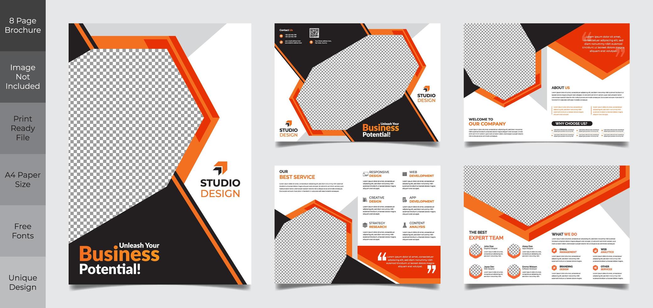 8 pagina zwart en oranje zakelijke brochure sjabloon vector