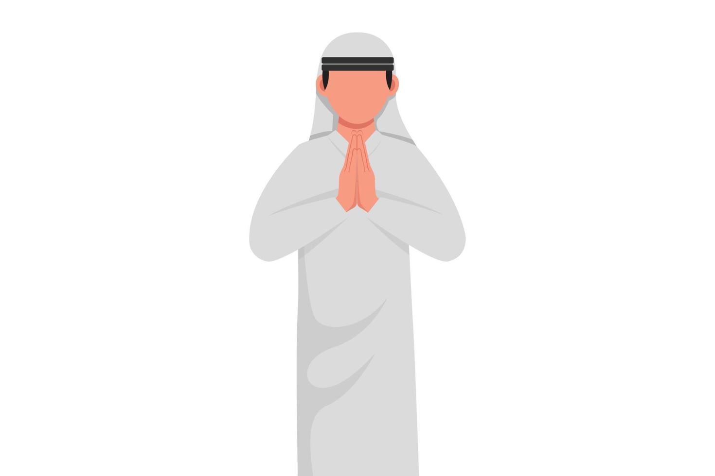 zakelijke platte cartoon stijl tekening Arabische zakenman in gesloten ogen samen biddende handen. persoon die handpalmen vasthoudt in gebed. menselijke emotie, lichaamstaal gebaar. grafisch ontwerp vectorillustratie vector