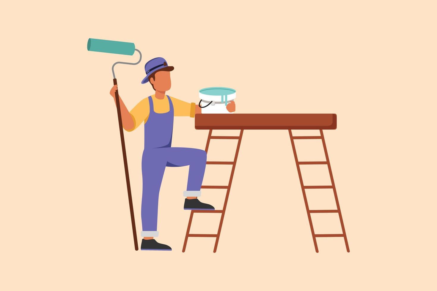 zakelijke platte cartoon stijl tekening reparateur schilder in overall permanent met verfrolborstel, emmer, ladder. kamer schilder. klusjesman. Bouwvakker. grafisch ontwerp vectorillustratie vector