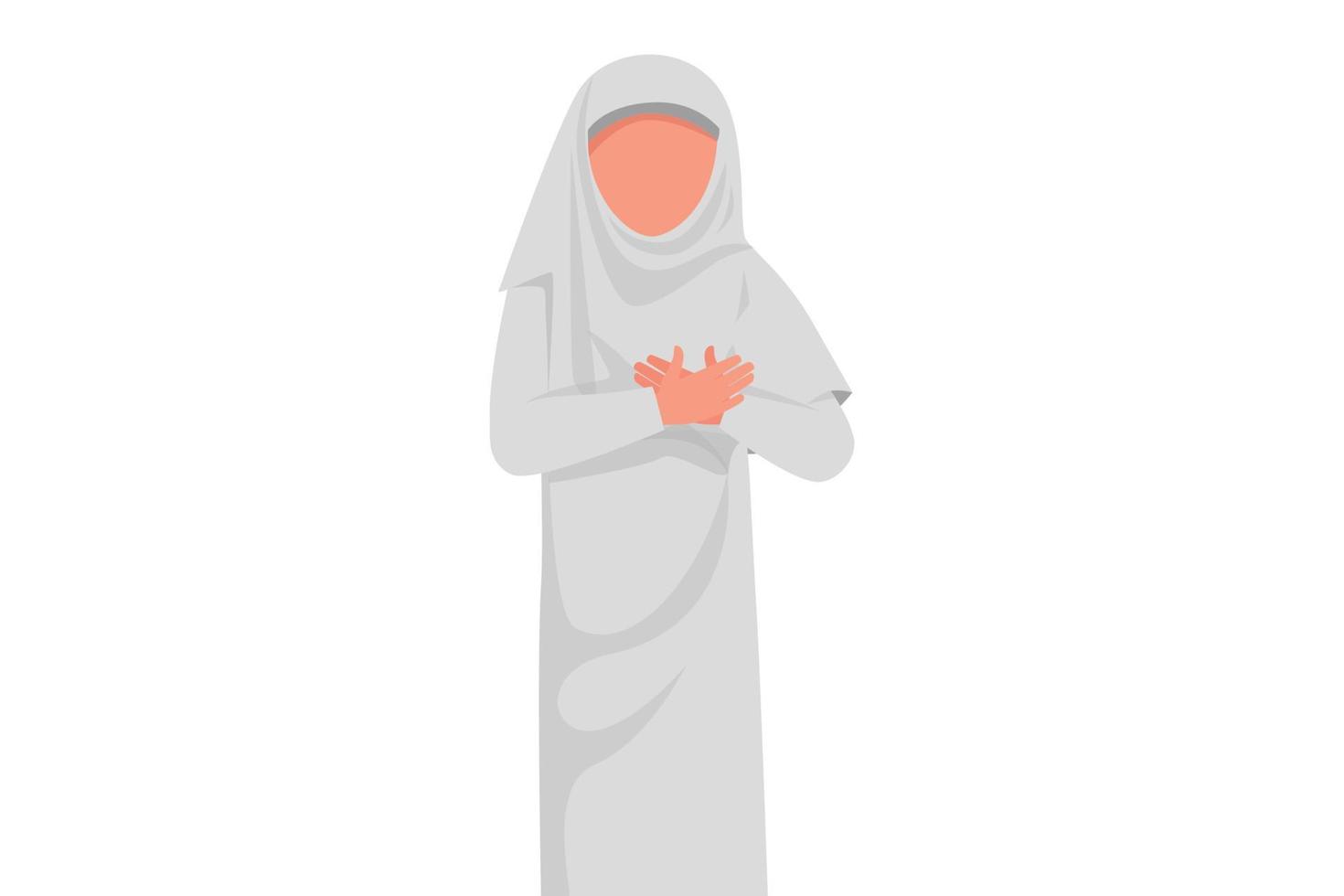 zakelijke platte cartoon stijl tekening arabische zakenvrouw die de handen op de borst houdt, voelt pijnlijk aan. vrouw die lijdt aan pijn op de borst of een hartaanval. ziekenhuis, gezondheidszorg. grafisch ontwerp vectorillustratie vector