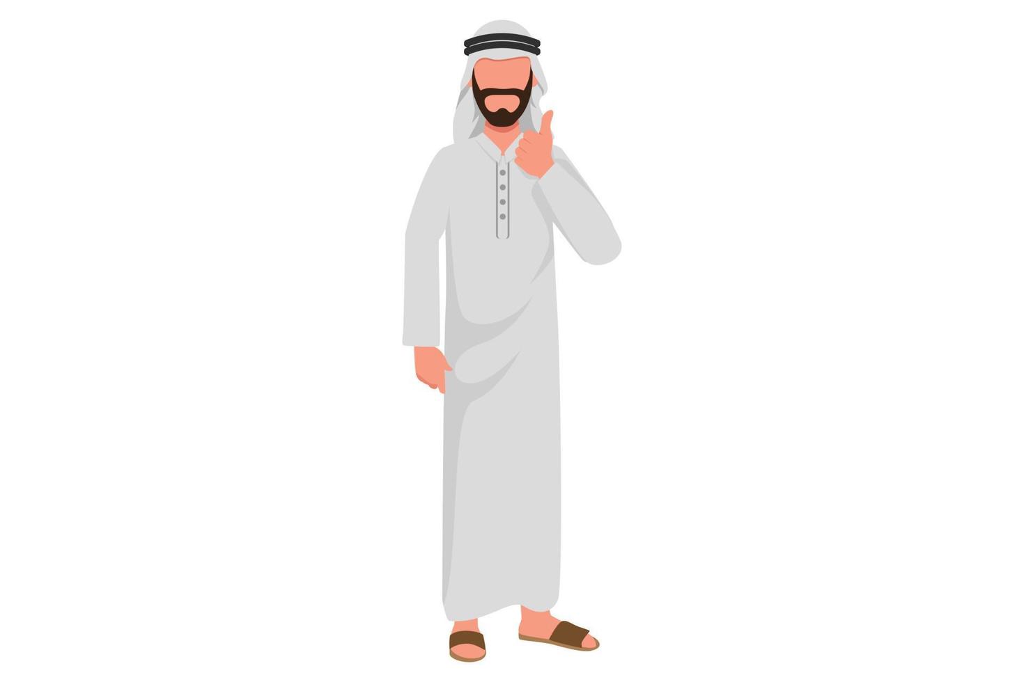 zakelijke platte tekening Arabische zakenman Toon duim opgetild teken. koele gebaren. duim omhoog gebaar in zeer goed handteken, tevreden, goedkeuring, goed uitgevoerde uitdrukking. cartoon ontwerp vectorillustratie vector