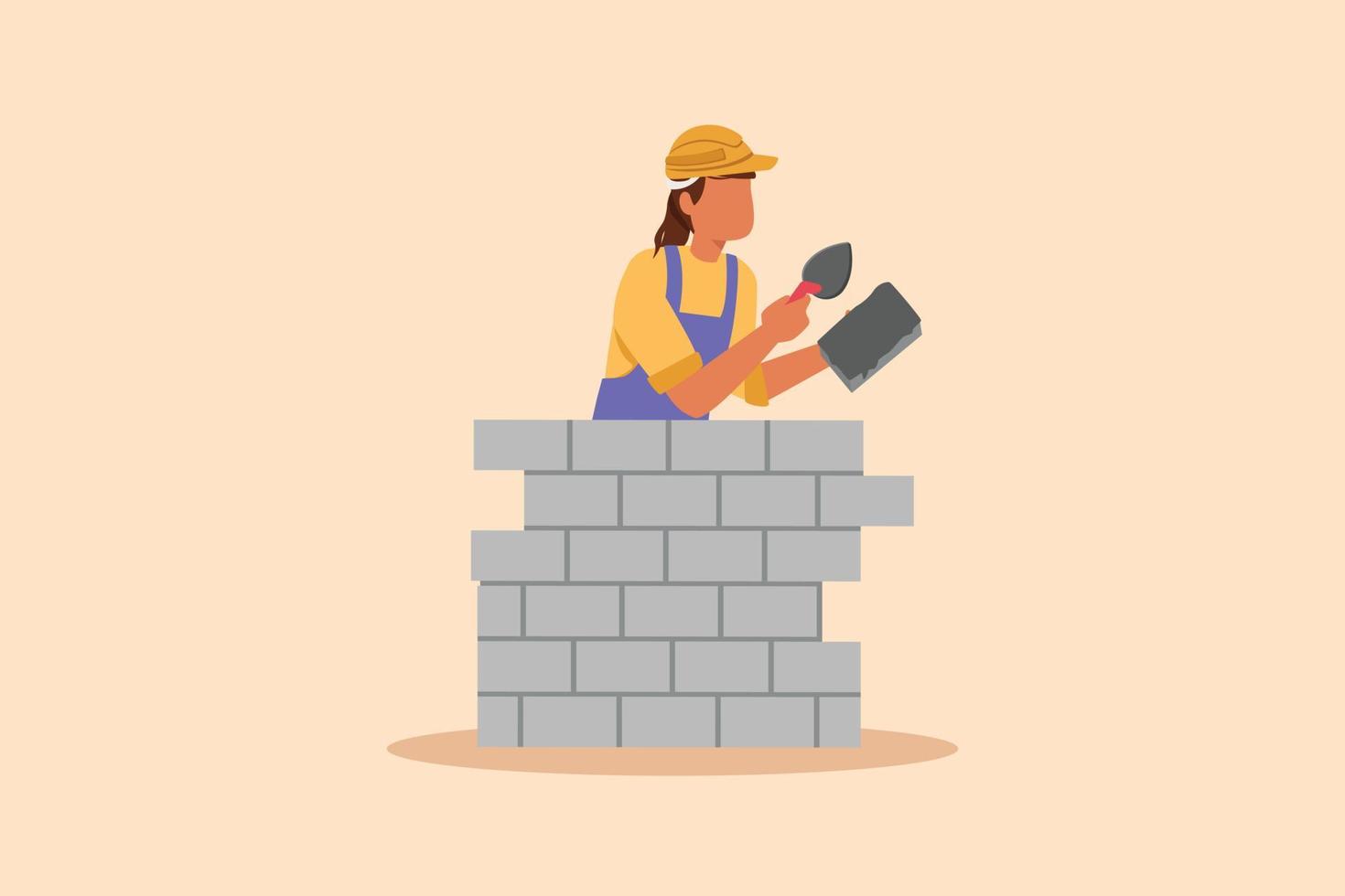 zakelijke ontwerp tekening mooie repairwoman bakstenen muur bouwen. bouwvakker in overall en helm aan het werk. bouwconcept. reparatie werkzaamheden diensten. platte cartoon stijl vectorillustratie vector