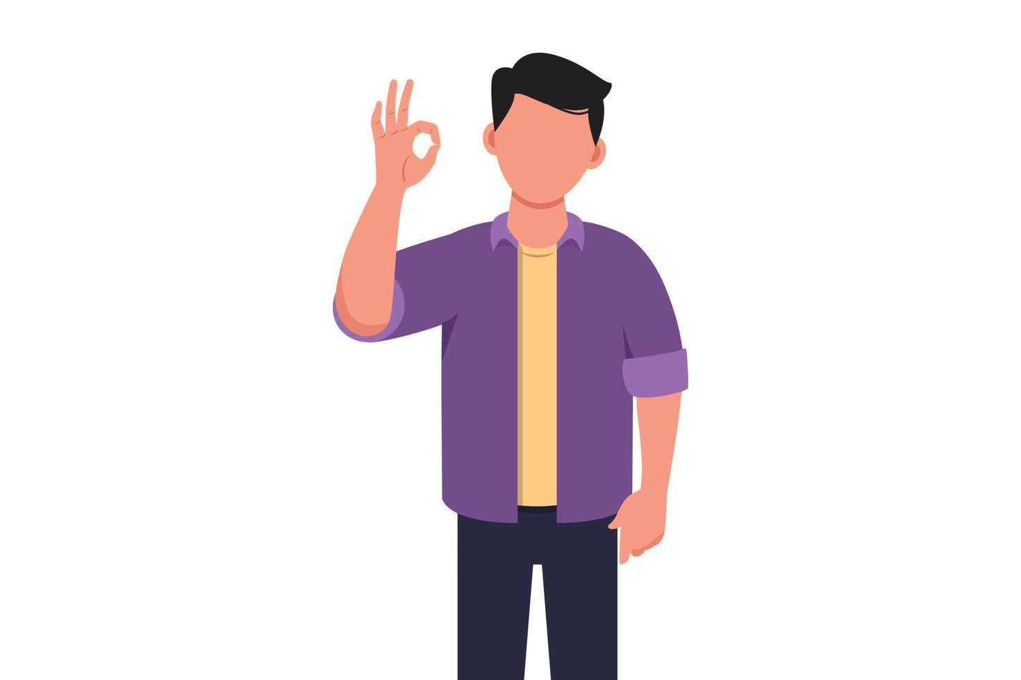 business concept design zakenman in casual kleding gebaren ok teken. oke teken, gebarentaal. glimlachende mannelijke manager die zich ok teken met vingers toont. vector illustratie platte cartoon stijl