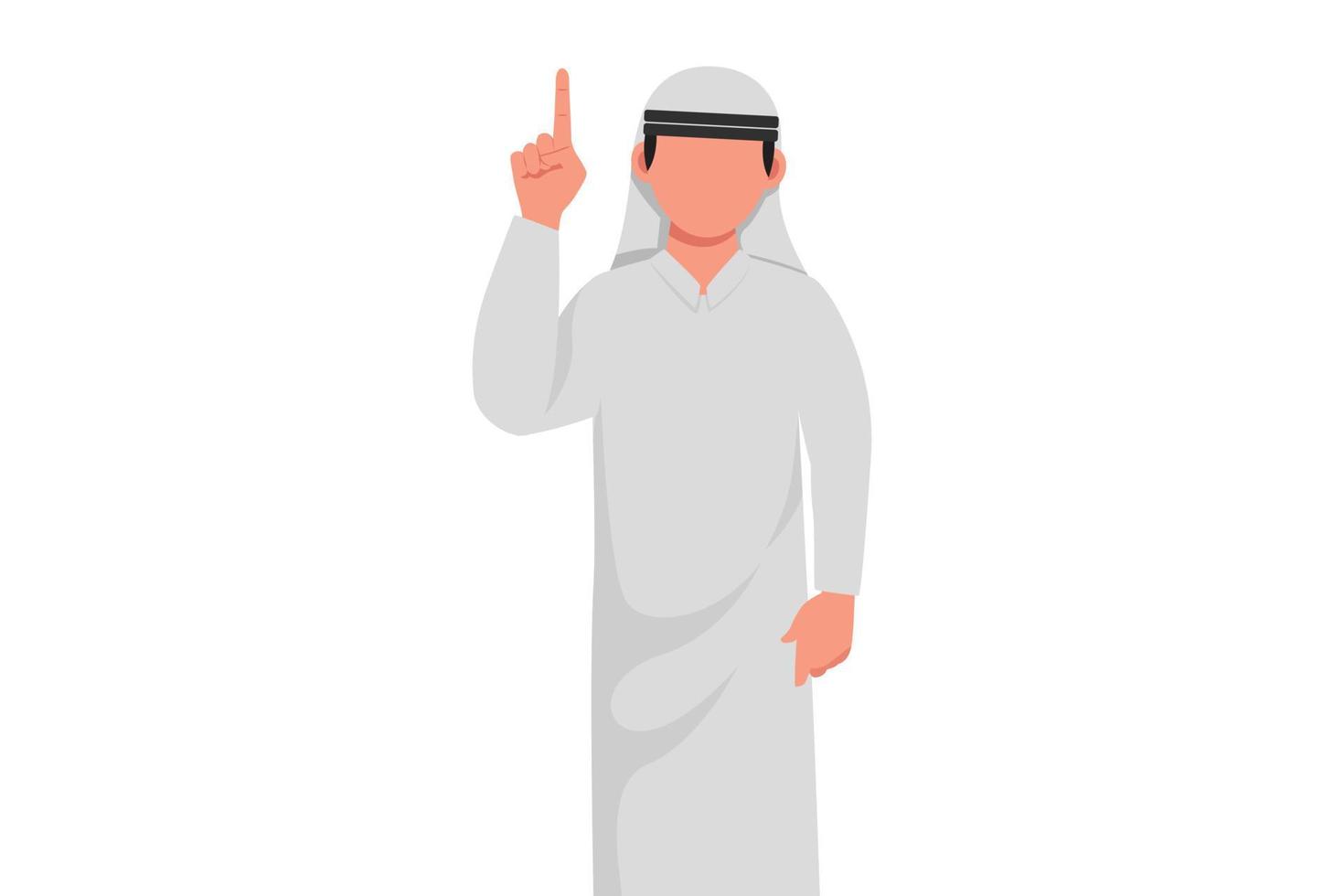 zakelijke platte tekening van jonge Arabische zakenman die vingersymbool omhoog wijst. mannelijke manager vinger wijsvinger omhoog gebaar. emotie en lichaamstaal. cartoon stijl tekenen grafisch ontwerp vectorillustratie vector