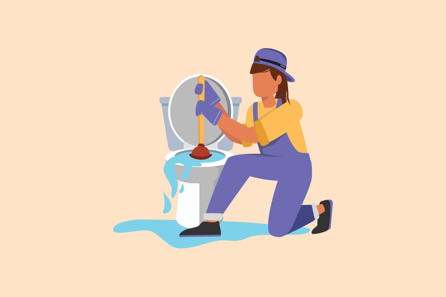 zakelijk ontwerp tekening klusjesman toilet schoonmaken, sanitair service. sanitair toilet lekkage, verstopping, loodgieter reparatie tools. riolering. toiletpot, riool. platte cartoon stijl vectorillustratie vector