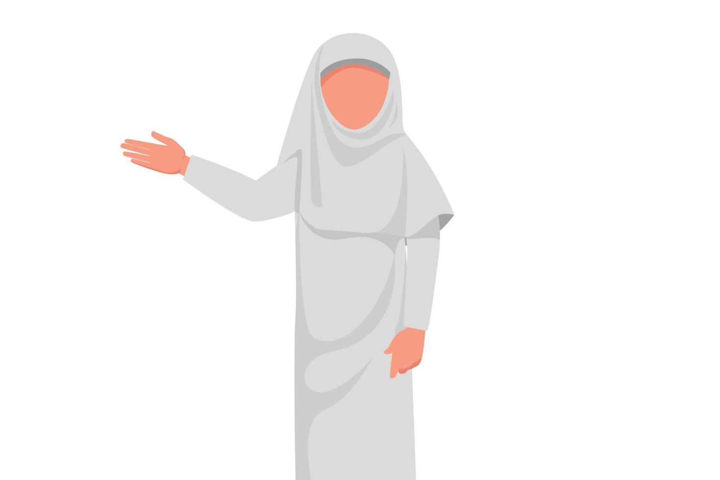 zakelijke platte cartoon stijl tekening Arabische zakenvrouw in witte hijab presenteren financieel verslag. vrouwelijke manager die iets laat zien of een nieuw zakelijk project presenteert. grafisch ontwerp vectorillustratie vector