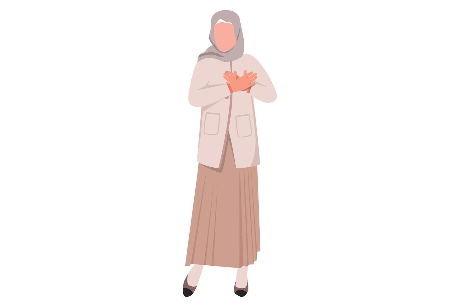 zakelijke platte cartoon stijl tekening arabische zakenvrouw met blije uitdrukking houdt handen op de borst, onder de indruk van goede dankbaarheid. drukt liefde, dankbare gevoelens uit. grafisch ontwerp vectorillustratie vector