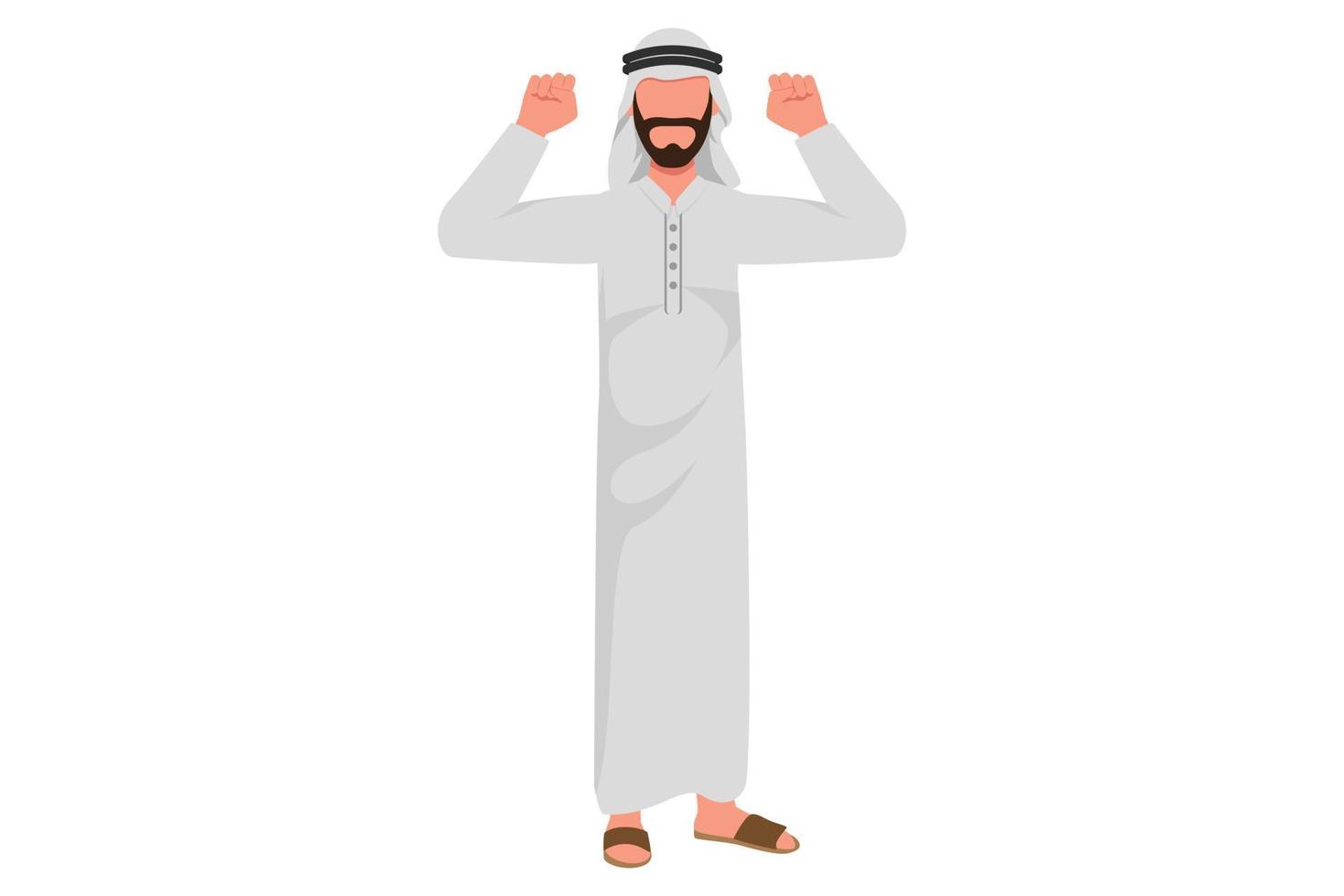 zakelijke platte tekening actieve arabische zakenman toont twee biceps of vuist omhoog. mannelijke manager toont sterk, win, overwinningsgebaar. machtssucces en positieve emoties. cartoon ontwerp vectorillustratie vector