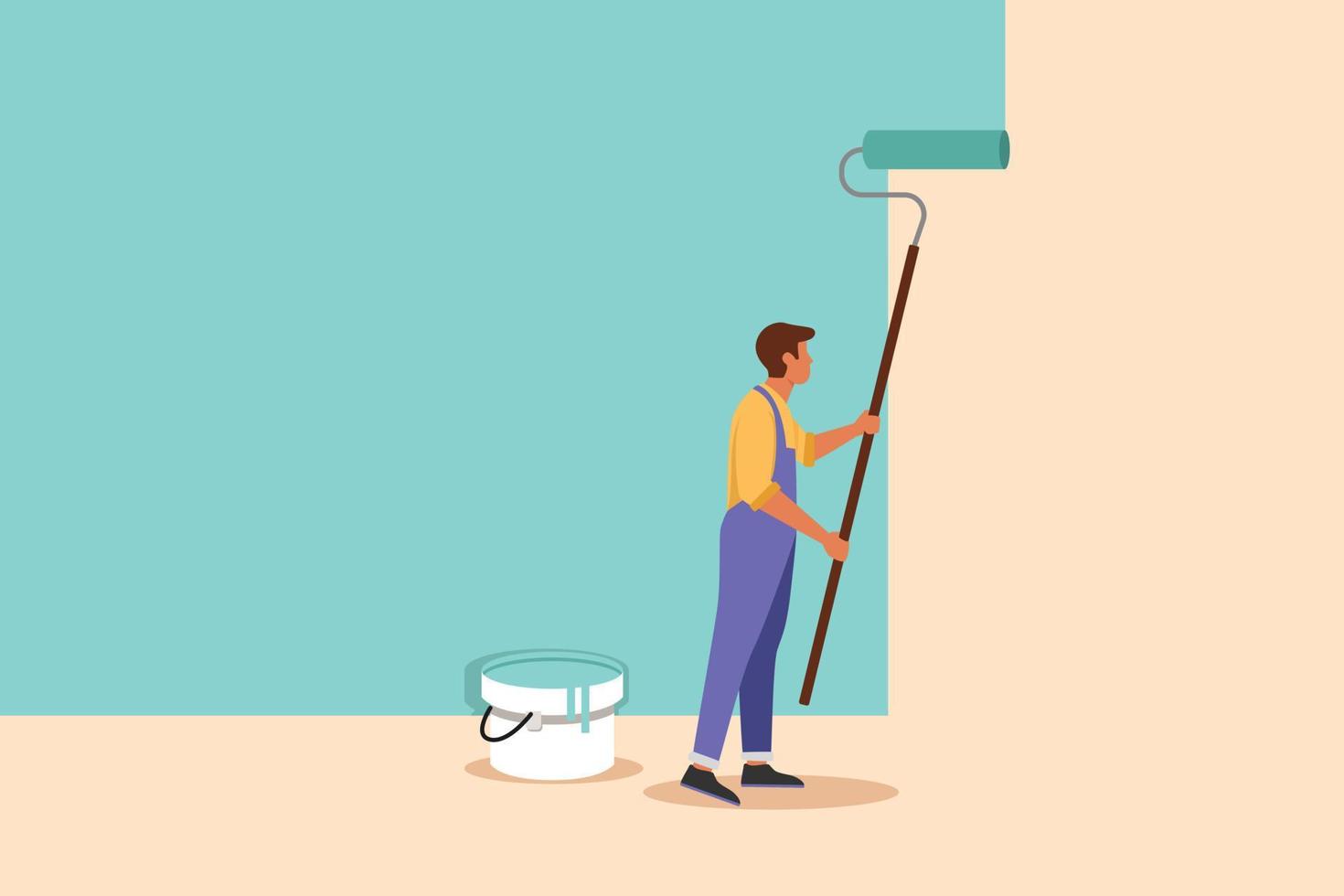 zakelijke platte tekening professionele klusjesman schilderen muur met roller. huisreparatie, decoratie, renovatie, opfrissen. actief reparateur schilder professioneel werk. cartoon ontwerp vectorillustratie vector