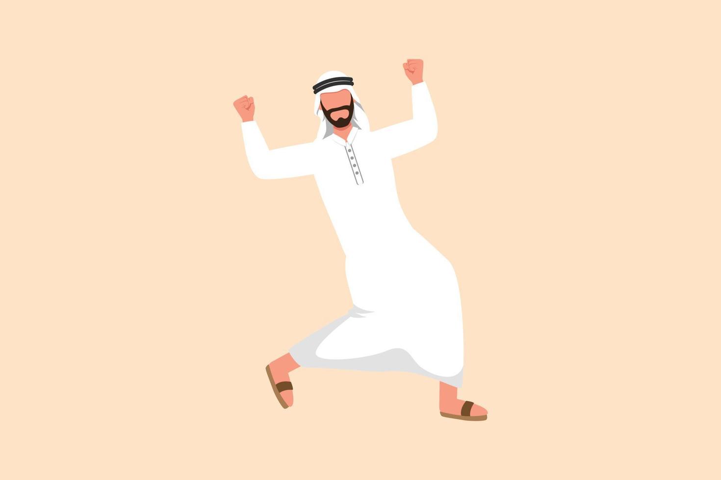 zakelijke platte cartoon stijl tekening gelukkig Arabische zakenman permanent met opgeheven gebalde vuist handen. mannelijke manager die het succes van het verhogen van de productverkoop viert. grafisch ontwerp vectorillustratie vector