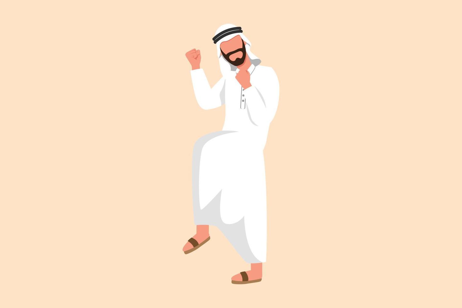 zakelijke platte cartoon stijl tekening gelukkig Arabische zakenman permanent met vouw een been en ja gebaar. uitvoerend manager die het succes van een nieuw zakelijk project viert. grafisch ontwerp vectorillustratie vector
