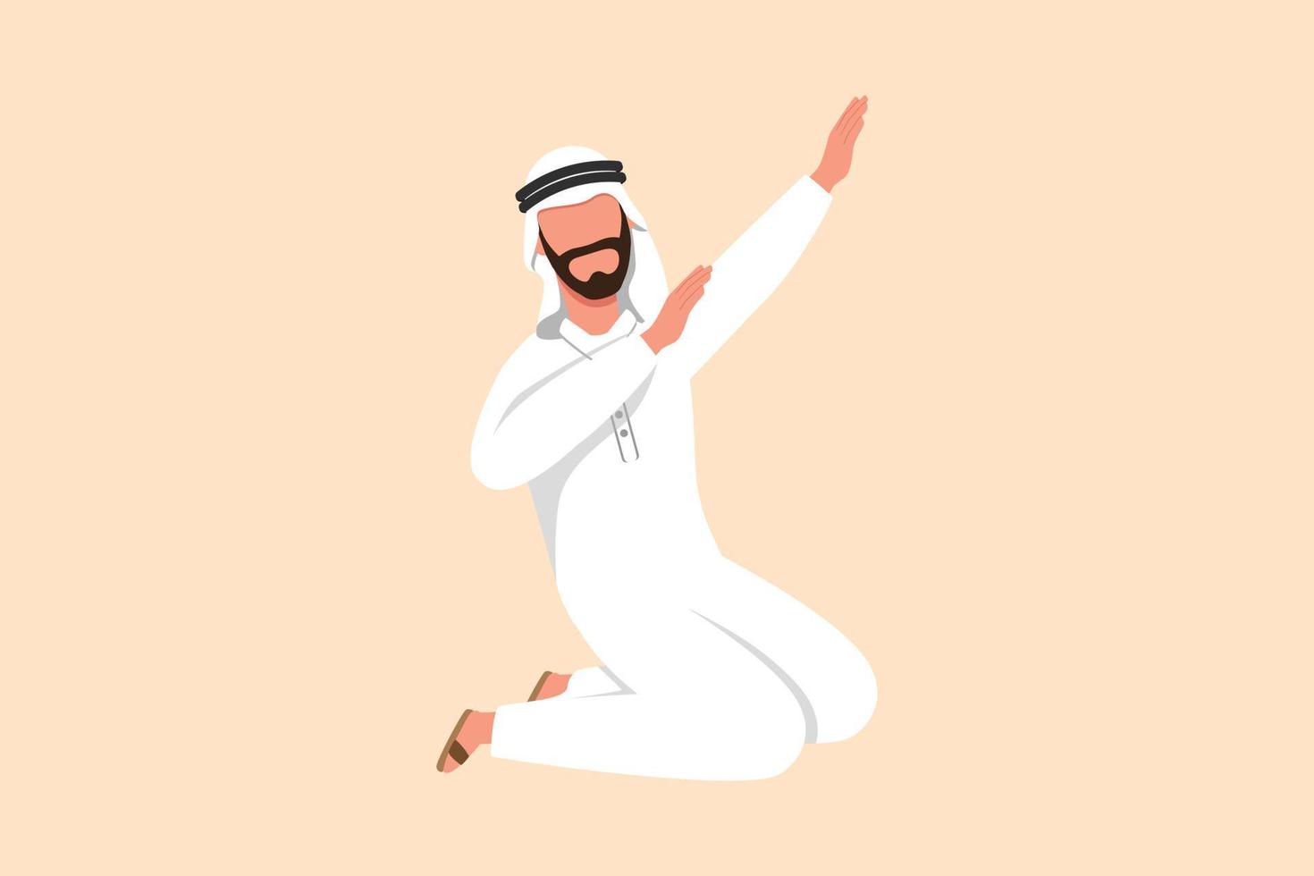 zakelijke platte tekening gelukkig arabische zakenman geknield met vieren doel pose. werknemer viert het succes van het verhogen van de verkoop van bedrijfsproducten. zakelijke prestatie. cartoon ontwerp vectorillustratie vector