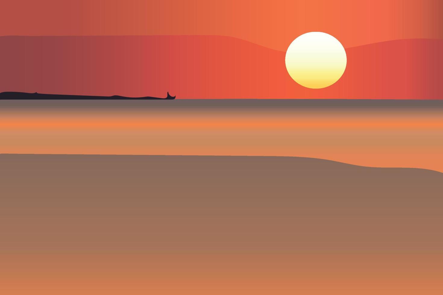 zonsondergang op het strand. zonsondergang met oranje zee, wolken in oranjerode lucht, silhouet op zwarte heuvels. vector