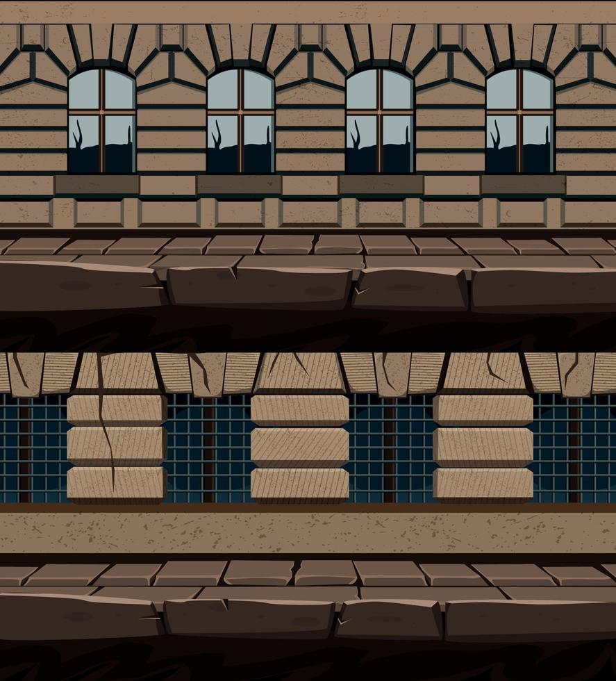 spel achtergrond cartoon vector, weg naast een oud gebouw vector
