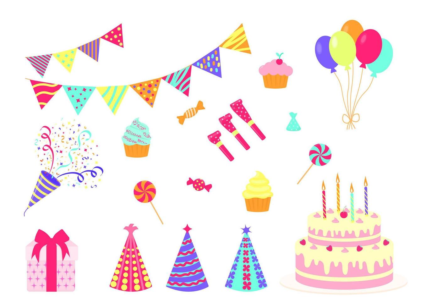 decoraties voor verjaardagsfeestjes. geïsoleerde cartoon vectorillustratie. pictogrammen instellen vector