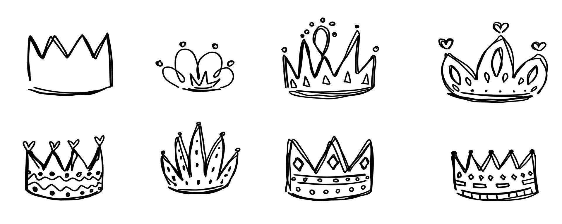 doodle kronen lijn diamanten. schets set schattig geïsoleerde collectie voor prinses. vector