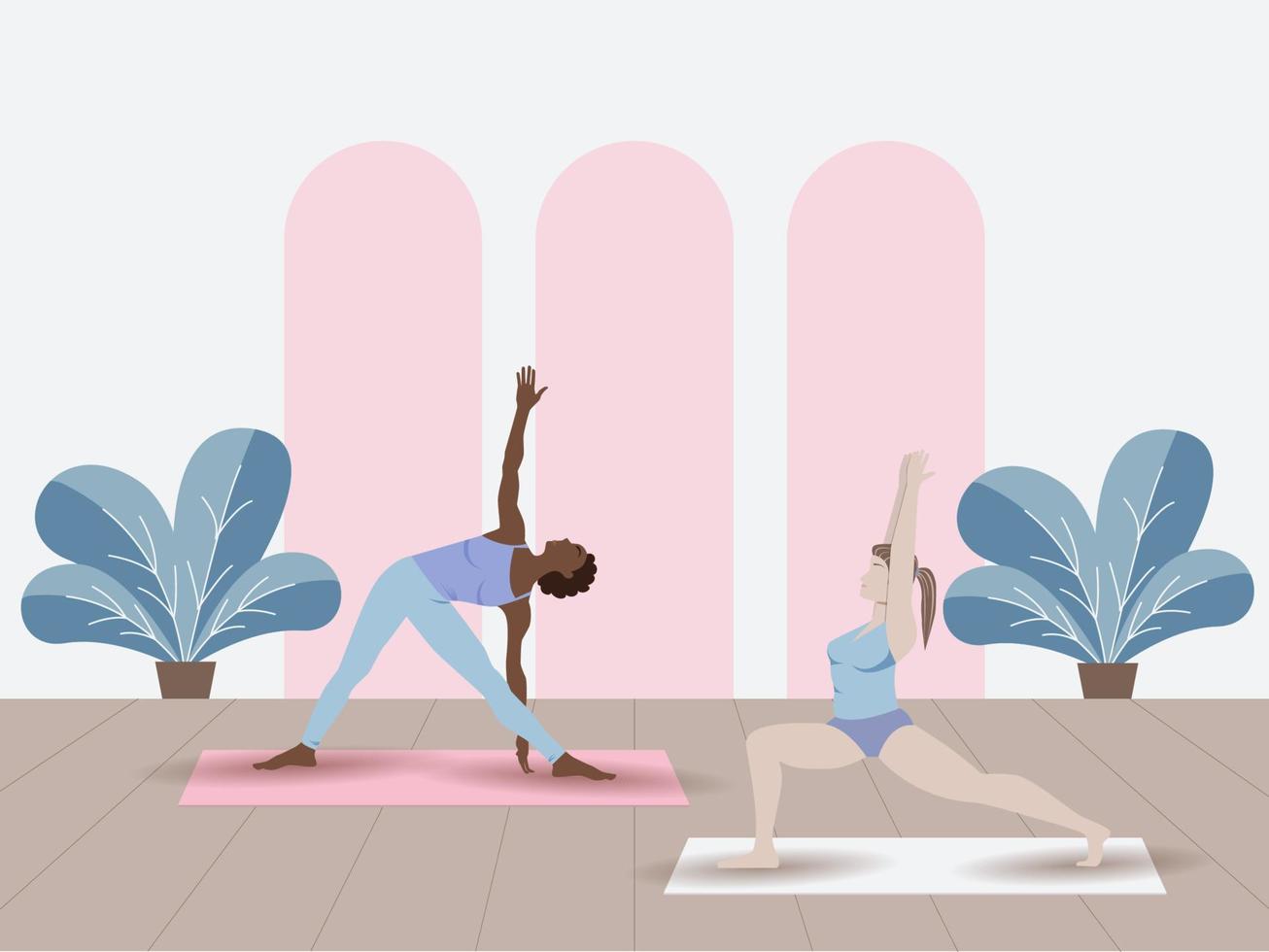 kromme vrouw en zwarte vrouw doen yoga in yogales. vector illustratie