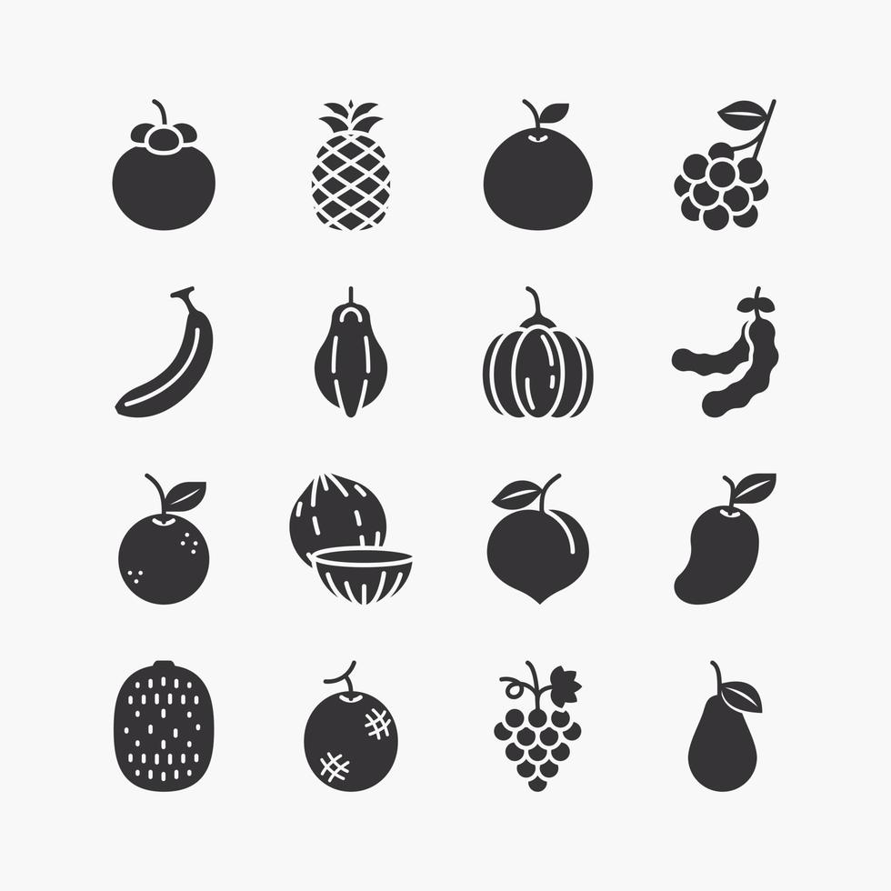 fruit en bessen zwarte pictogrammen instellen. op een witte achtergrond. vector icoon