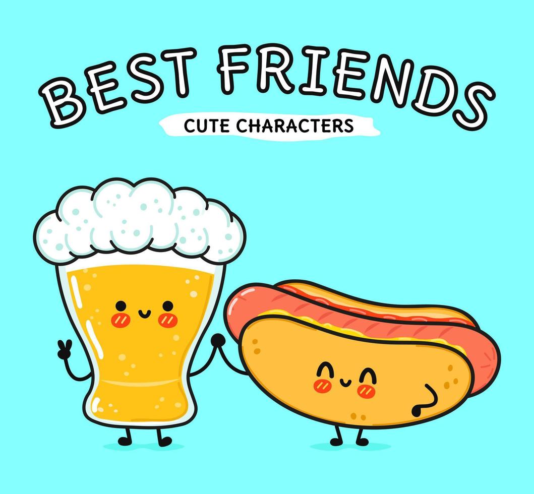 schattig, grappig vrolijk glas bier en hotdog. vector hand getekend kawaii stripfiguren, illustratie pictogram. grappige cartoon glas bier en hotdog mascotte vrienden concept