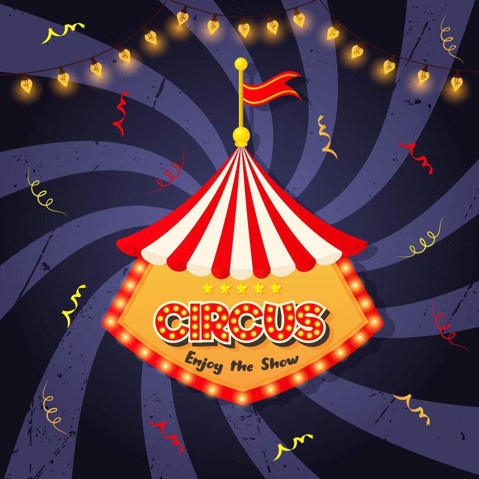 vintage circusbanner met felle bollen, koepeltent, highlights, gouden sterren en slinger. kermis vector poster.