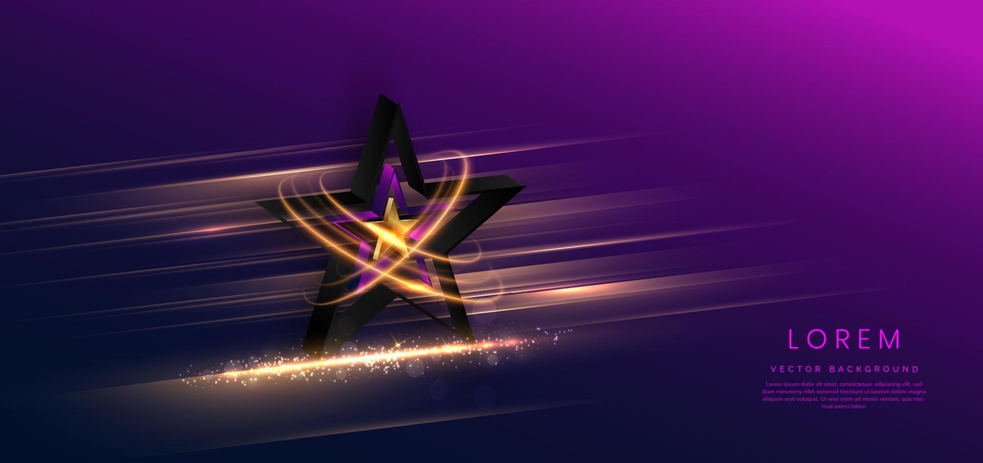 3d gouden ster met gouden op donkerblauwe en paarse achtergrond met lichteffect en spakle. sjabloon luxe premium award ontwerp. vector