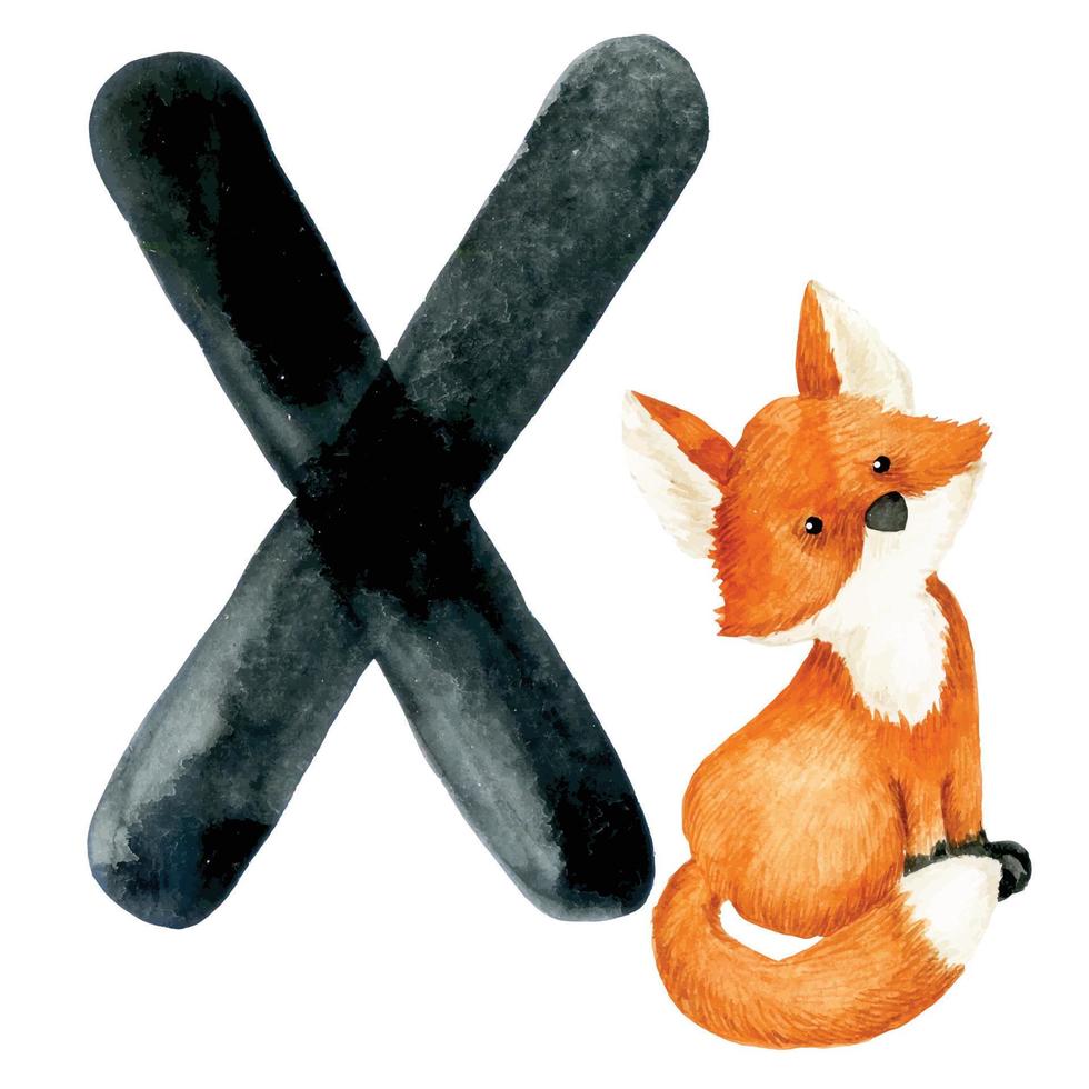 aquarel tekening. onderwijskaart met letter x, engels alfabet. letter x en vosillustratie, schattige bosdieren vector