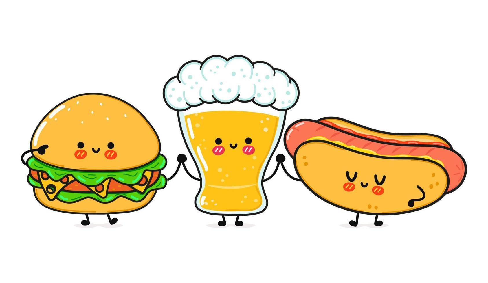 schattig, grappig gelukkig glas bier, hotdog en hamburger. vector hand getekend kawaii stripfiguren, illustratie pictogram. grappige cartoon glas bier hotdog en hamburger mascotte vrienden concept