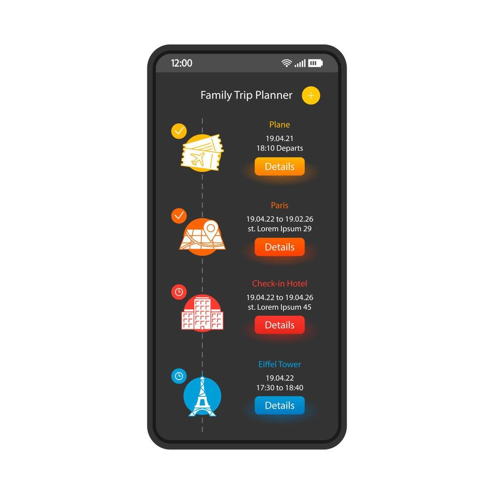 familie reisplanner smartphone interface sjabloon. reisadviseur mobiele pagina-indeling. scherm met vakantieroutes. routeplanning, hotel, boekingsservice voor tickets. applicatie platte ui. telefoon display vector