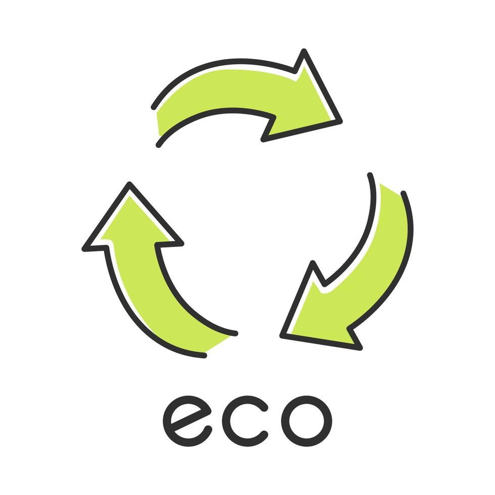 eco label kleur icoon. drie groene gebogen pijltekens. recycle symbool. alternatieve energie. milieubeschermingssticker. milieuvriendelijke chemicaliën. biologische cosmetica. geïsoleerde vectorillustratie vector