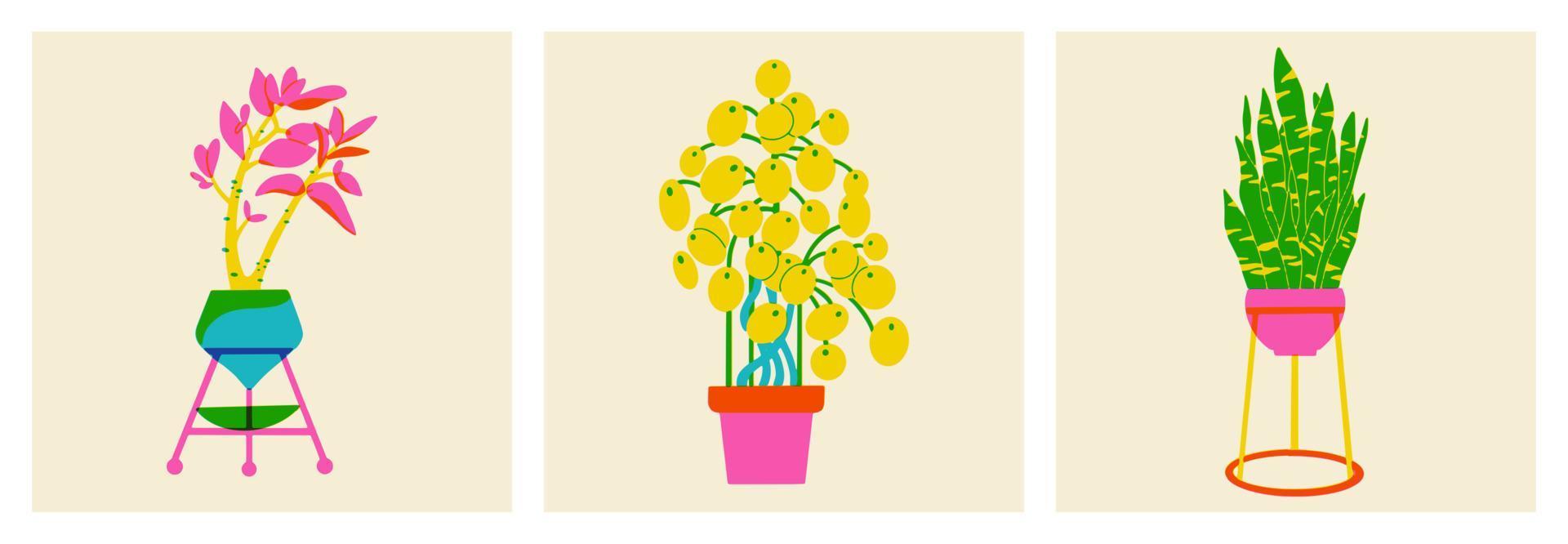 planten in een pot. bloemen in trendy risograph print textuur stijl. set handgetekende grafische vetplanten met bladeren op de achtergrond. vectorillustratie van palmblad vector