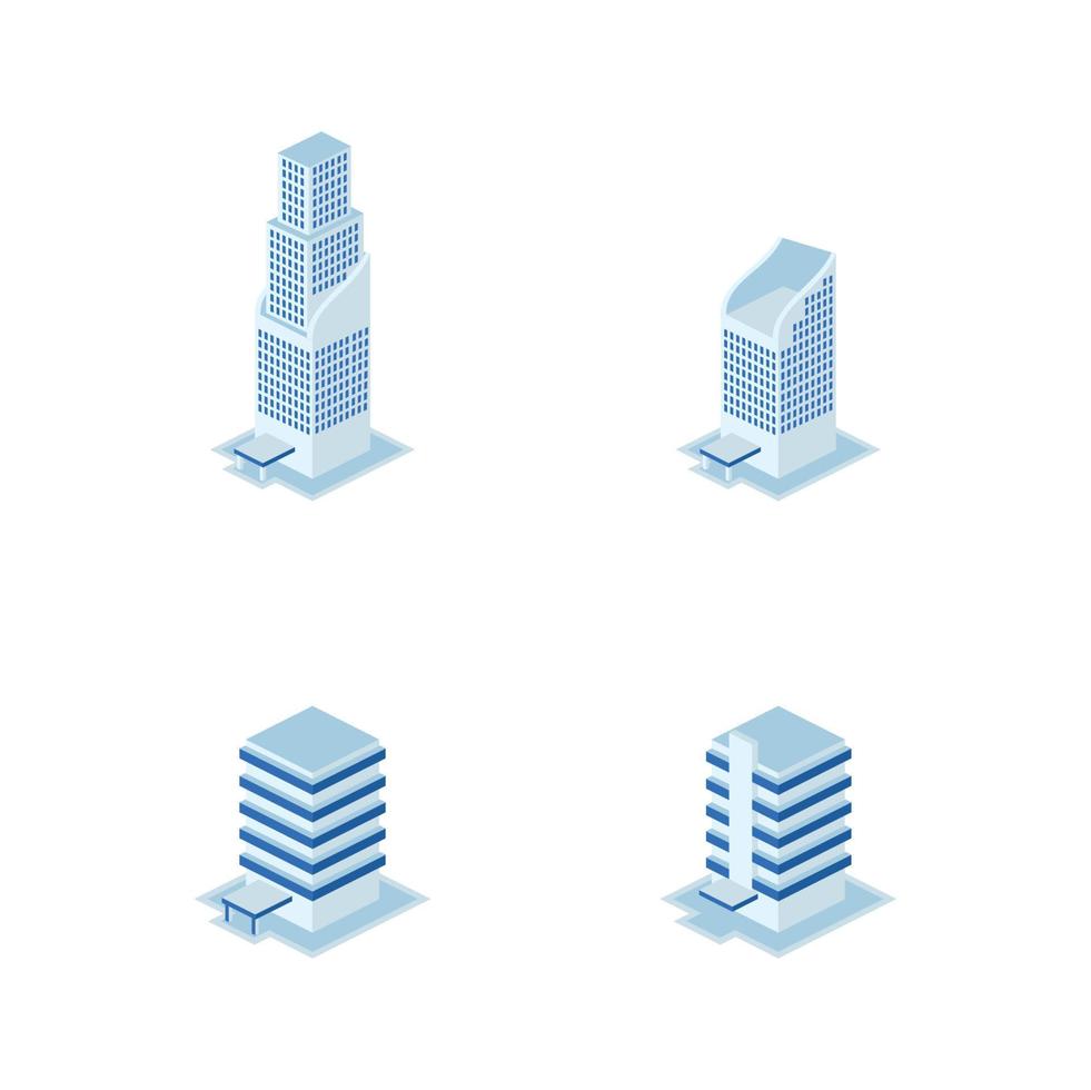 moderne torenbouwset - toren, appartement, stedelijke constructies, stadslandschap - 3d isometrisch gebouw geïsoleerd op wit vector