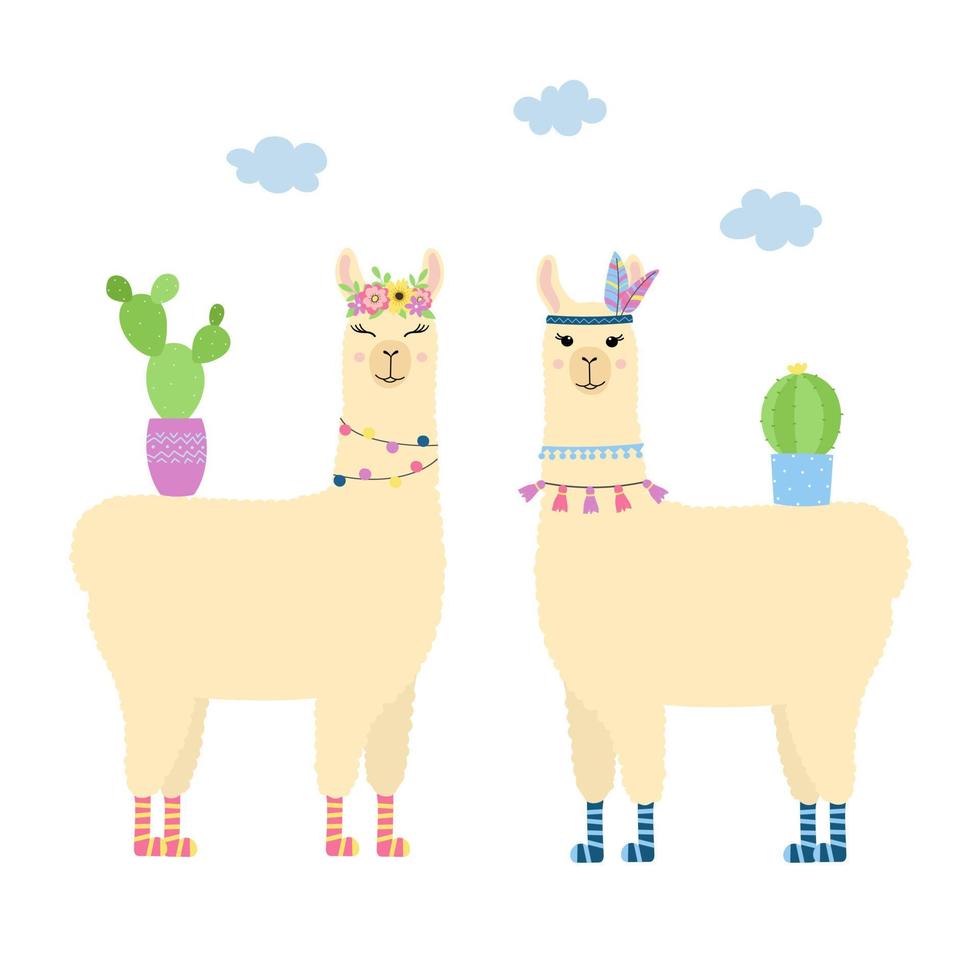 twee schattige lama's staan. cartoon alpaca's met cactussen. sjabloon voor kinderkamerontwerp, poster, briefpapier, t-shirt afdrukken. vector