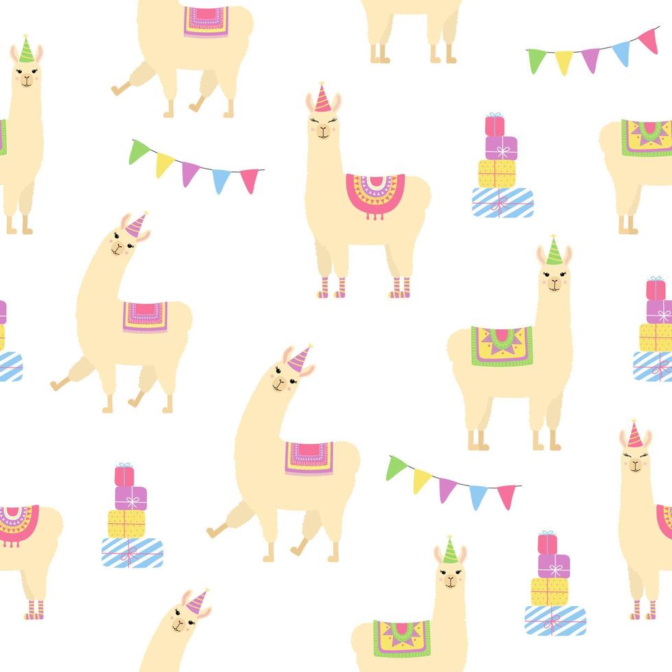 schattig lama's naadloos patroon. alpaca's in verjaardagshoedjes, geschenkdozen en vlaggen. achtergrond voor verjaardag en baby shower design. vector