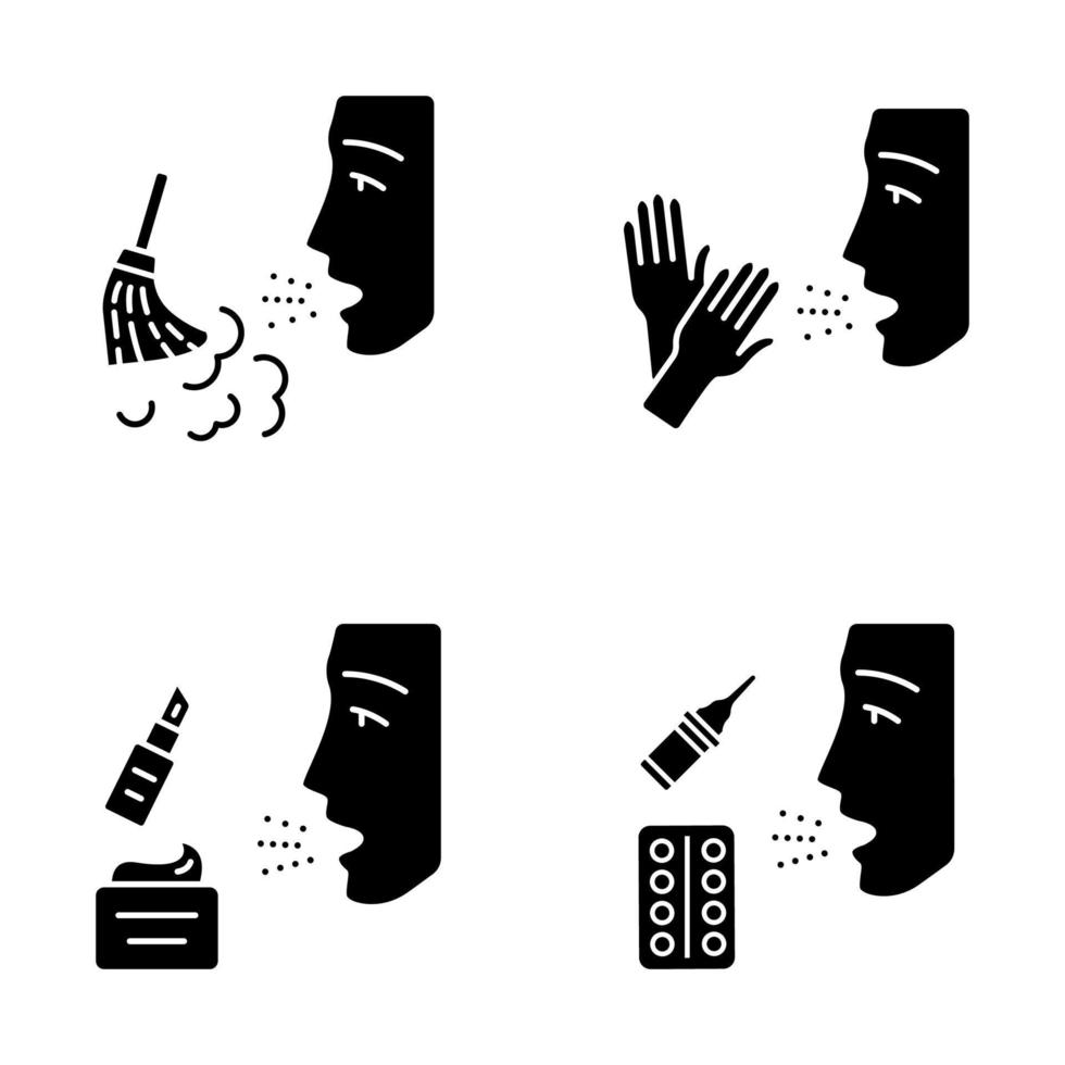 allergieën glyph pictogrammen instellen. allergeenbronnen, symptoombehandeling. stof, latex, cosmetische gevoeligheid, medicatie. allergische ziekten. medische gezondheidszorg. silhouet symbolen. vector geïsoleerde illustratie