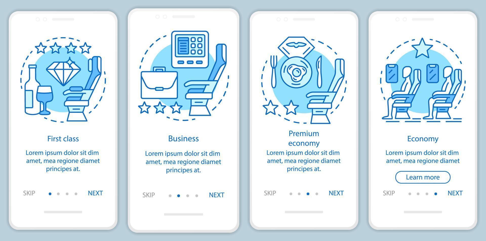 vliegtuigreisklasse zitplaatsen turquoise onboarding mobiele app-paginascherm met lineaire concepten. economy class walkthrough stappen grafische instructies. ux, ui, gui vectorsjabloon met illustraties vector