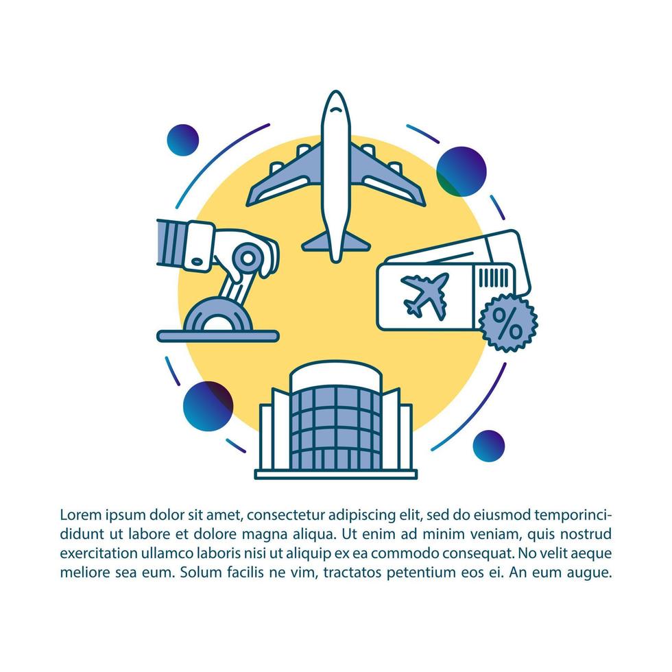 luchthaven artikel pagina vector sjabloon. vliegtickets voor luchtvaartmaatschappijen. brochure, boekje ontwerpelement met lineaire pictogrammen en tekstvakken. print ontwerp. conceptillustraties met tekstruimte