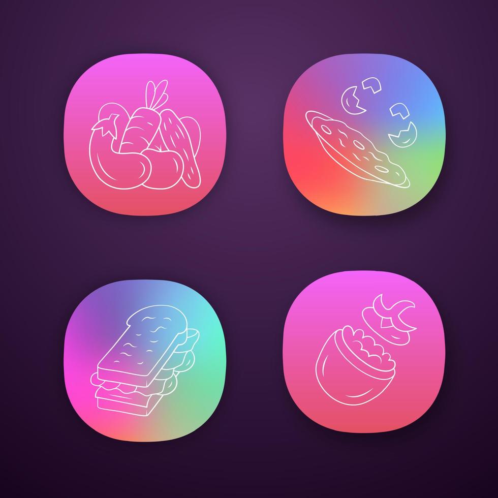 voedzaam voedsel app pictogrammen instellen. groenten, roerei, gevulde tomaat, sandwich. café, restaurantsnack, voorgerecht. ui ux-gebruikersinterface. web- of mobiele applicaties. geïsoleerde vectorillustraties vector