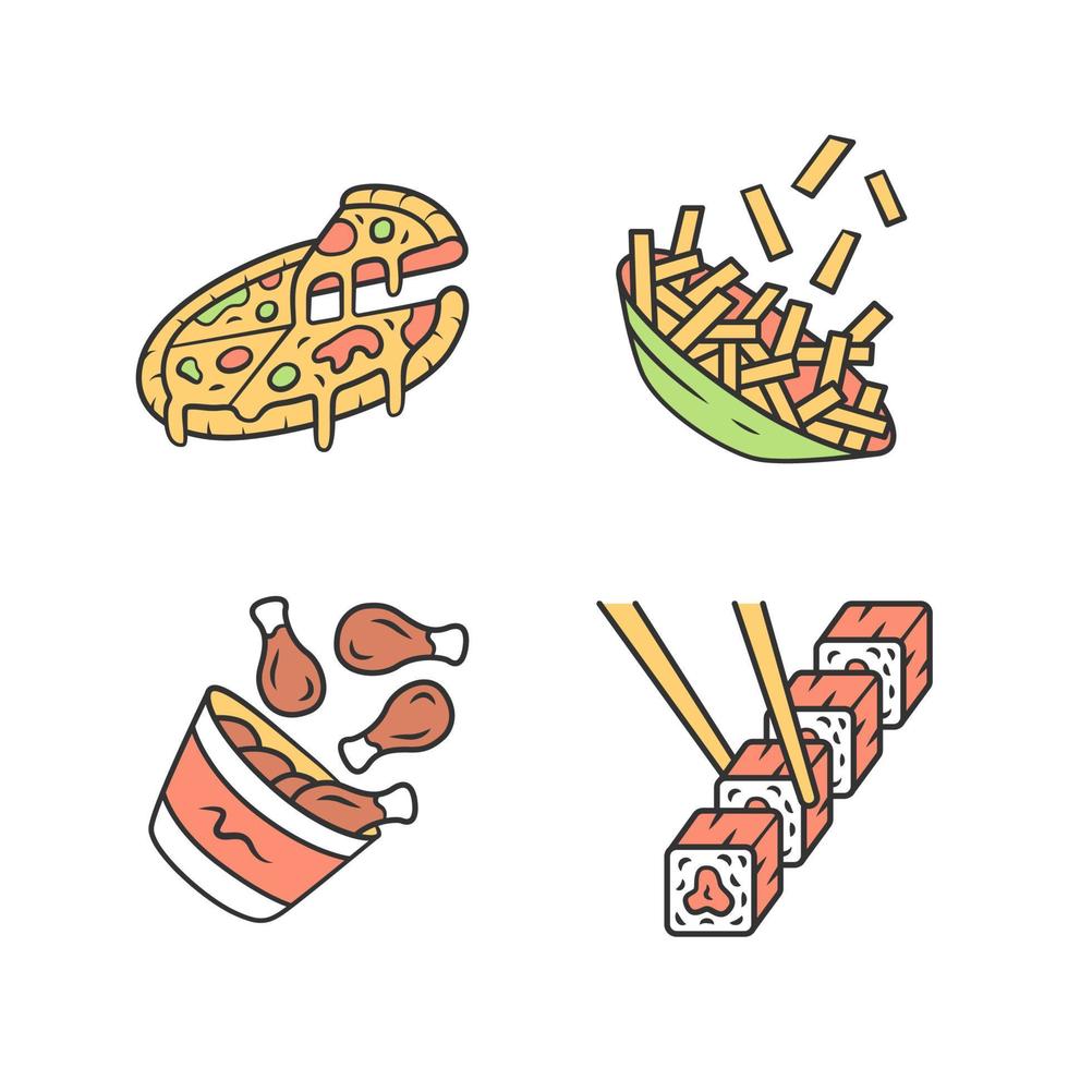 fastfood gekleurde pictogrammen instellen. pizza, patat, kipdrumsticks, sushi. Italiaanse, Amerikaanse en Aziatische keuken. vette gerechten. restaurant, cafémenu. geïsoleerde vectorillustraties vector