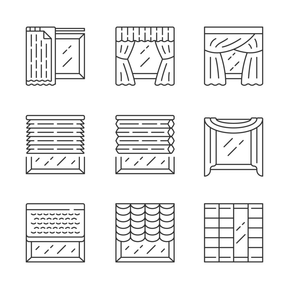 jaloezie en gordijnen lineaire pictogrammen instellen. cellulaire tinten, raambekledingsset, voering. thuis, kantoor interieur. dunne lijn contour symbolen. geïsoleerde vectoroverzichtsillustraties. bewerkbare streek vector