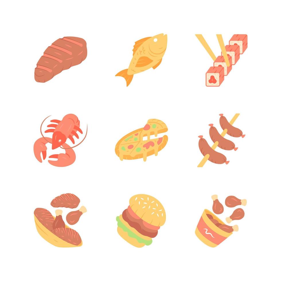 restaurant menu plat ontwerp lange schaduw kleur iconen set. fast food, Italiaanse en mediterrane keuken. pizza, kreeft, biefstuk, burger, sushi, worstjes, kippenpoten. vector silhouet illustraties