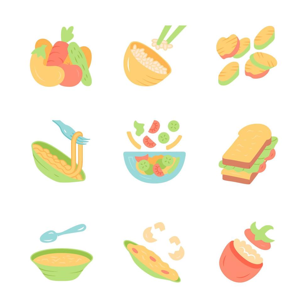 restaurant menu gerechten plat ontwerp lange schaduw kleur iconen set. salades, soep, hoofdgerechten. rijst, gegrilde groenten, omelet, pasta, sandwich. voedzaam eten. vector silhouet illustraties