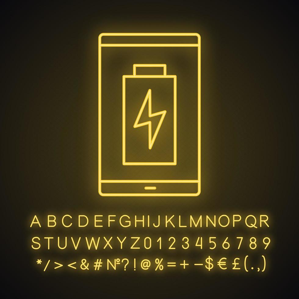 smartphone batterij opladen neonlicht icoon. lading voltooid. indicator van het batterijniveau van de mobiele telefoon. gloeiend bord met alfabet, cijfers en symbolen. vector geïsoleerde illustratie