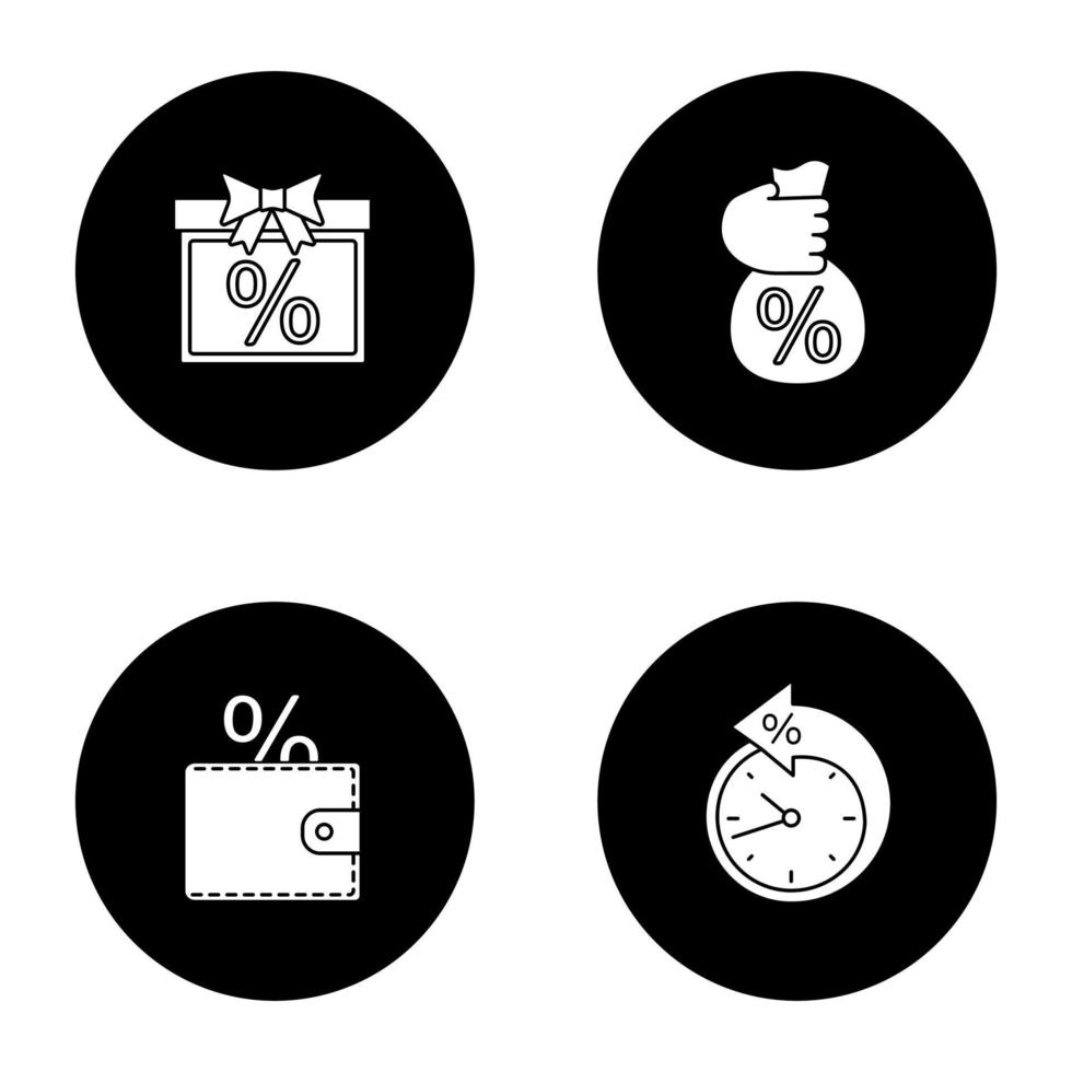 procenten glyph pictogrammen instellen. verkoop, kortingsaanbieding, geldbesparing, betalingstermijn. vector witte silhouetten illustraties in zwarte cirkels