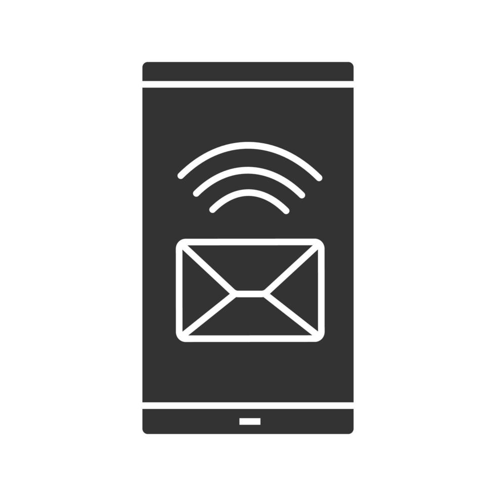 smartphone inkomend bericht glyph-pictogram. sms. mobiele telefoon display met envelop. silhouet symbool. negatieve ruimte. vector geïsoleerde illustratie