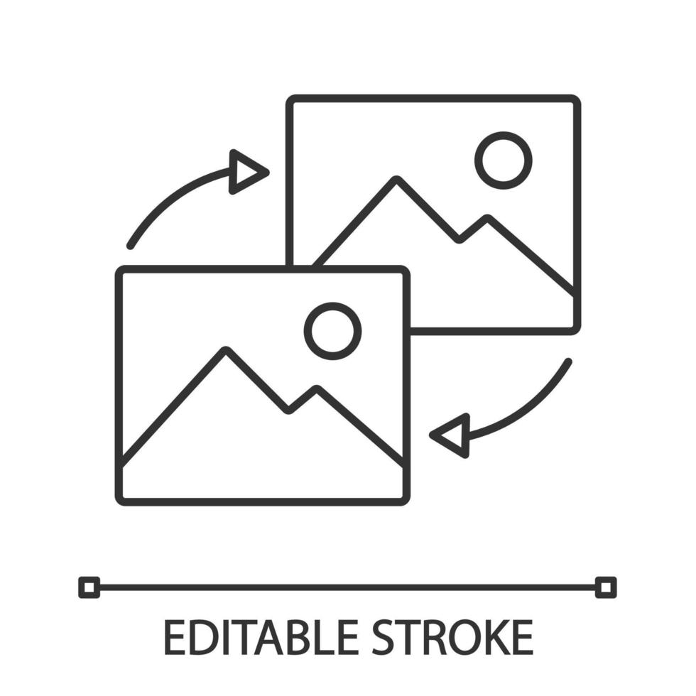 gegevens transformeren lineaire pictogram. dunne lijn illustratie. foto's herladen. afbeeldingstype verandert. data conversie. contour symbool. vector geïsoleerde overzichtstekening. bewerkbare streek