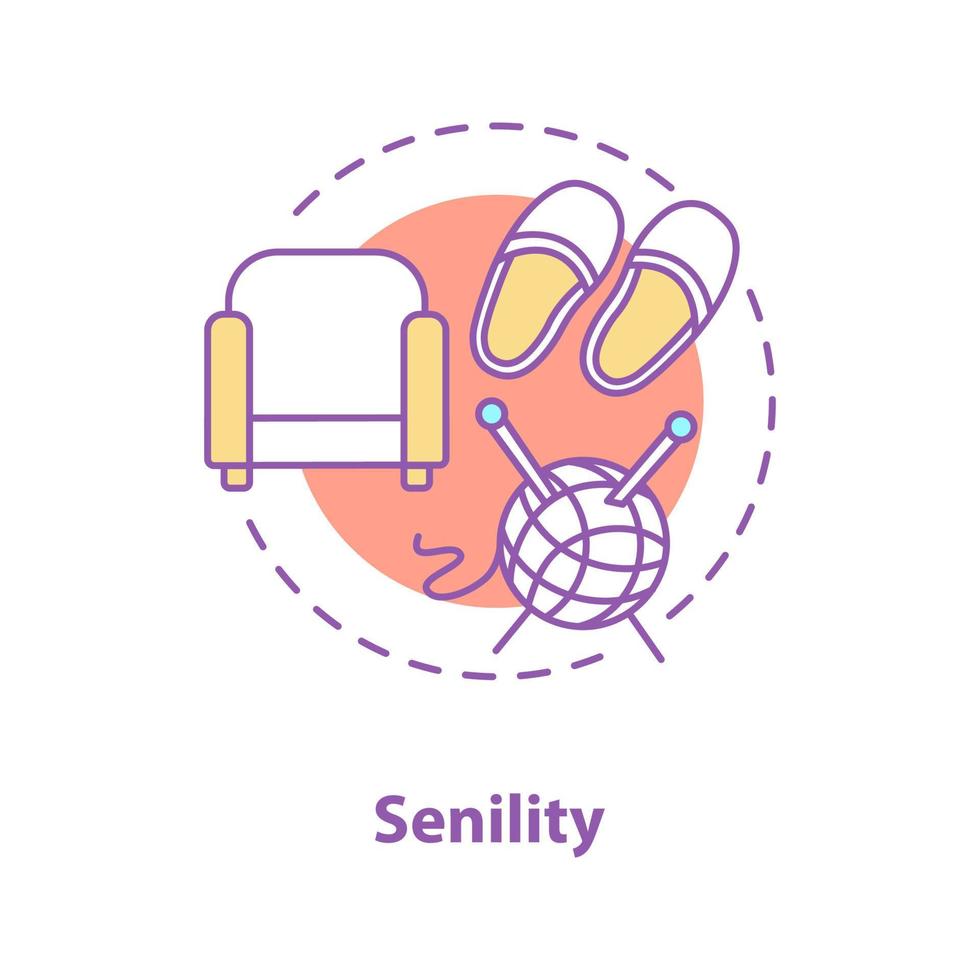 seniliteit concept icoon. ouderen idee dunne lijn illustratie. fauteuil, pantoffels, breiwol en naald. vector geïsoleerde overzichtstekening