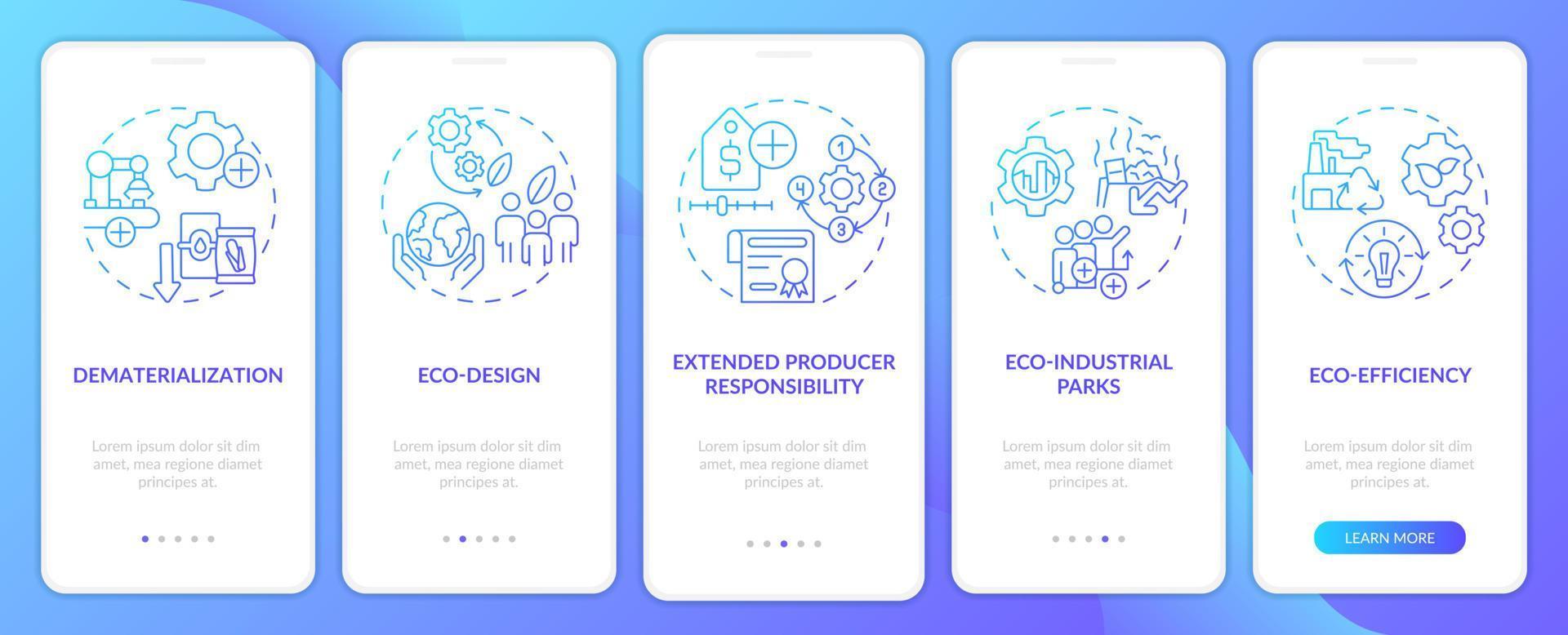 gebieden van industriële ecologie blauwe gradiënt onboarding mobiele app-scherm. walkthrough 5 stappen grafische instructiepagina's met lineaire concepten. ui, ux, gui-sjabloon. vector