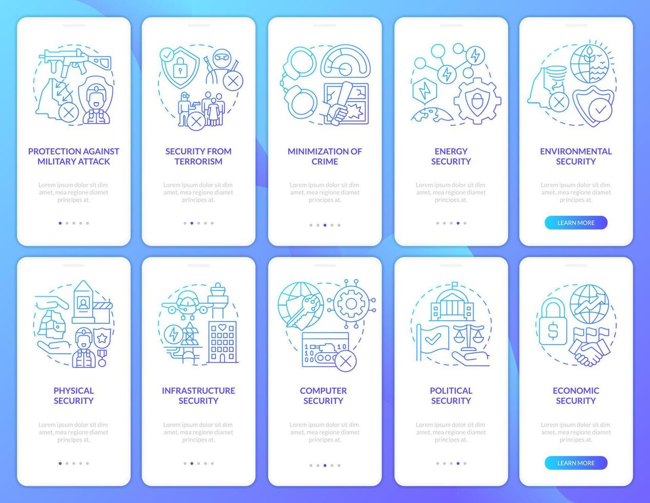 nationale veiligheid blauwe gradiënt onboarding mobiele app-schermset. walkthrough 5 stappen grafische instructiepagina's met lineaire concepten. ui, ux, gui-sjabloon. vector